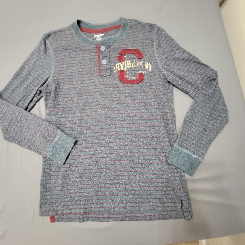 Arizona Jean Co Division #1 Henley Shirt Gray Red Stripe Long Sleeve Large